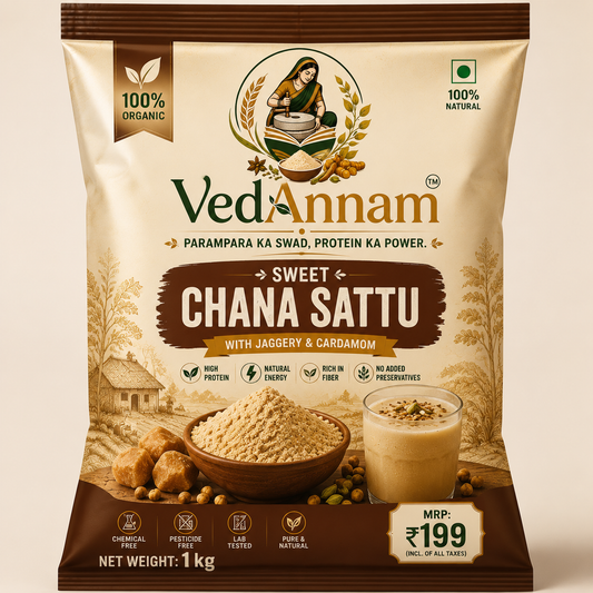 VedAnnam Sweet Chana Sattu | With Jaggery & Cardamom | 100% Organic Traditional Energy Drink Mix | High Protein & Fibre | 1 Kg