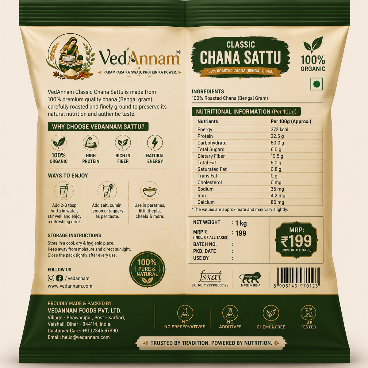 VedAnnam Classic Chana Sattu | 100% Organic Roasted Bengal Gram Sattu | High Protein & Fibre | Traditional Indian Nutrition | 1 Kg