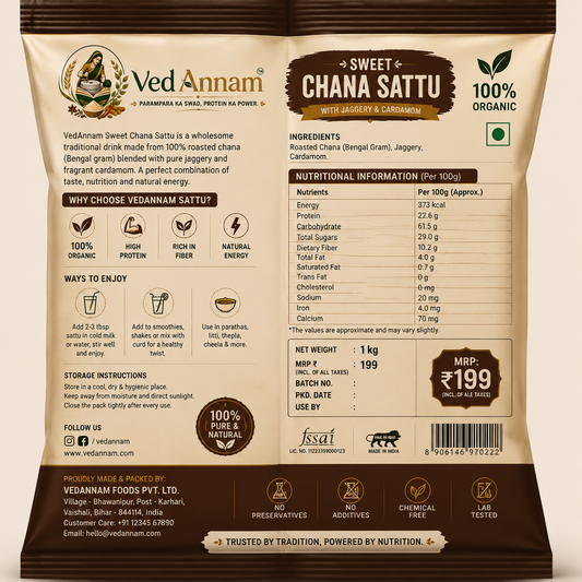 VedAnnam Sweet Chana Sattu | With Jaggery & Cardamom | 100% Organic Traditional Energy Drink Mix | High Protein & Fibre | 1 Kg