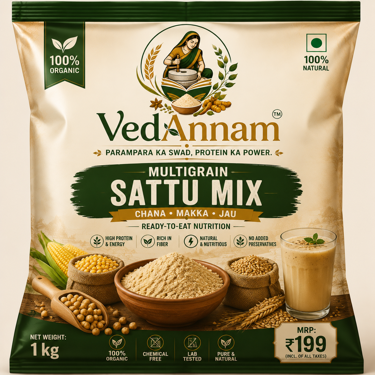 VedAnnam Multigrain Sattu Mix | Chana + Makka + Jau | 100% Organic Traditional Nutrition Mix | High Protein & Fibre | 1 Kg
