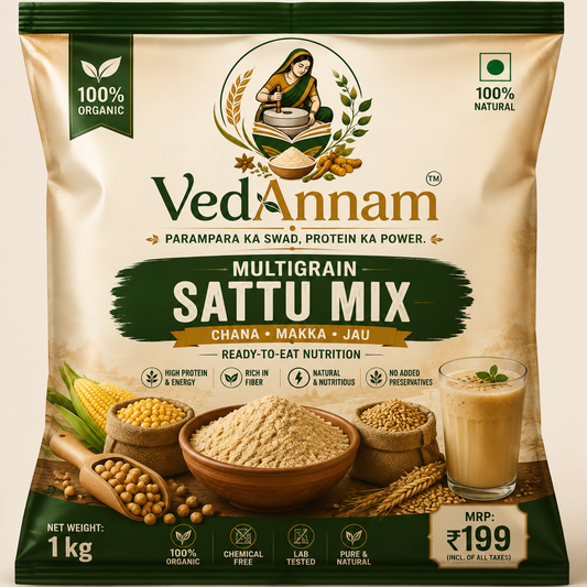 VedAnnam Multigrain Sattu Mix | Chana + Makka + Jau | 100% Organic Traditional Nutrition Mix | High Protein & Fibre | 1 Kg