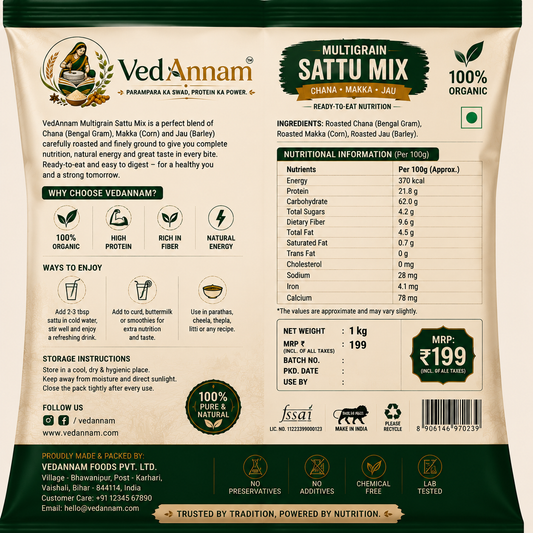 VedAnnam Multigrain Sattu Mix | Chana + Makka + Jau | 100% Organic Traditional Nutrition Mix | High Protein & Fibre | 1 Kg