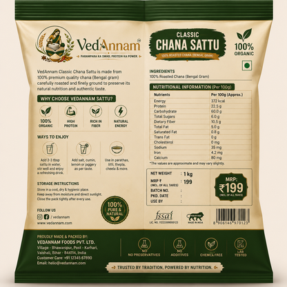 VedAnnam Classic Chana Sattu | 100% Organic Roasted Bengal Gram Sattu | High Protein & Fibre | Traditional Indian Nutrition | 1 Kg